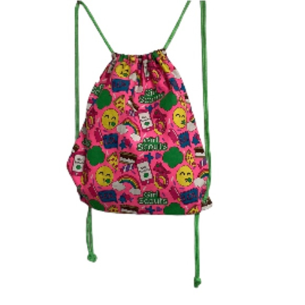 GIRL SCOUTS Emoji Drawstring Bag Mini Backpack Satchel Pink Green 15" x 15" NWOT